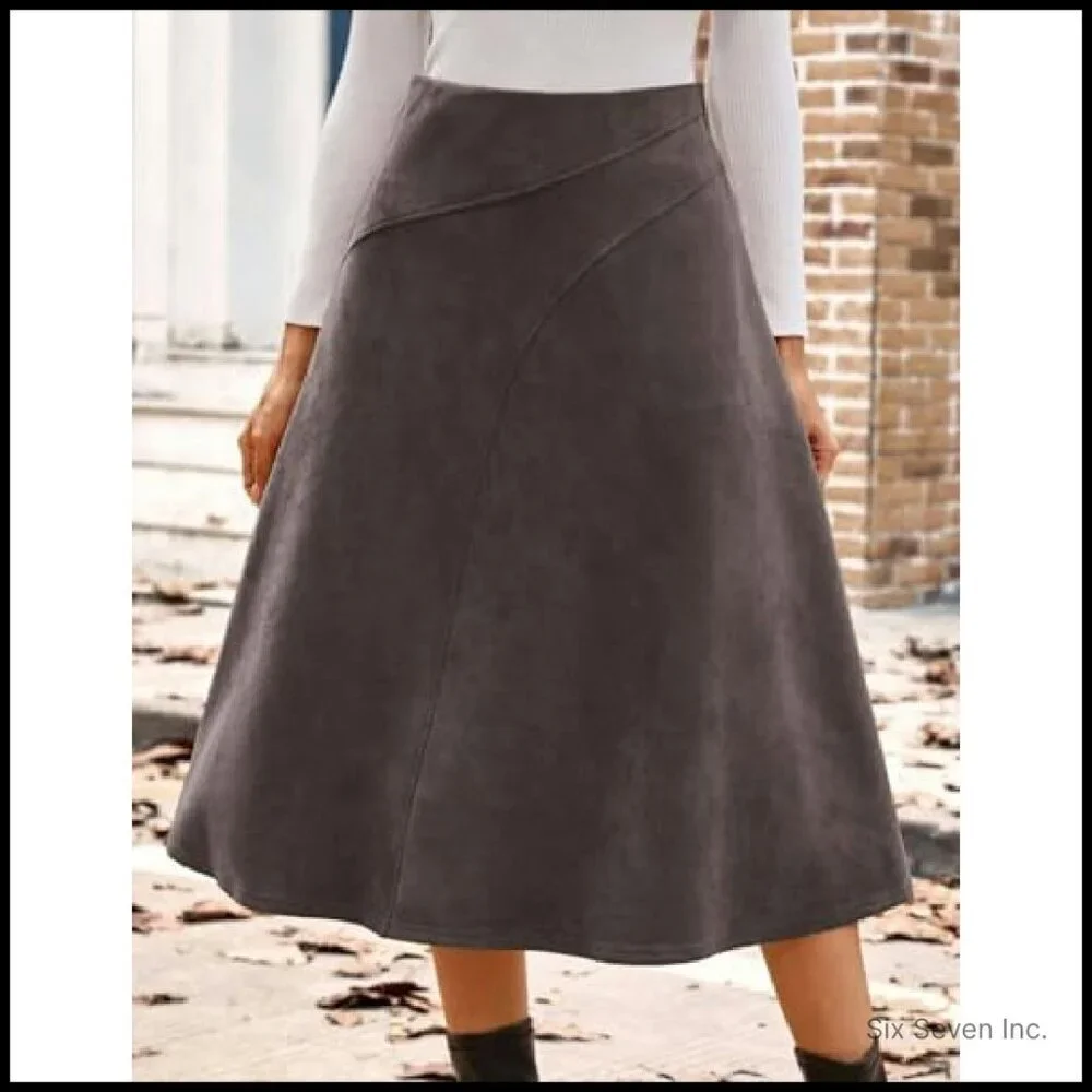 Faux Suede Midi Skirt High Waist A-Line Chic Fall Winter Elegant Minimal